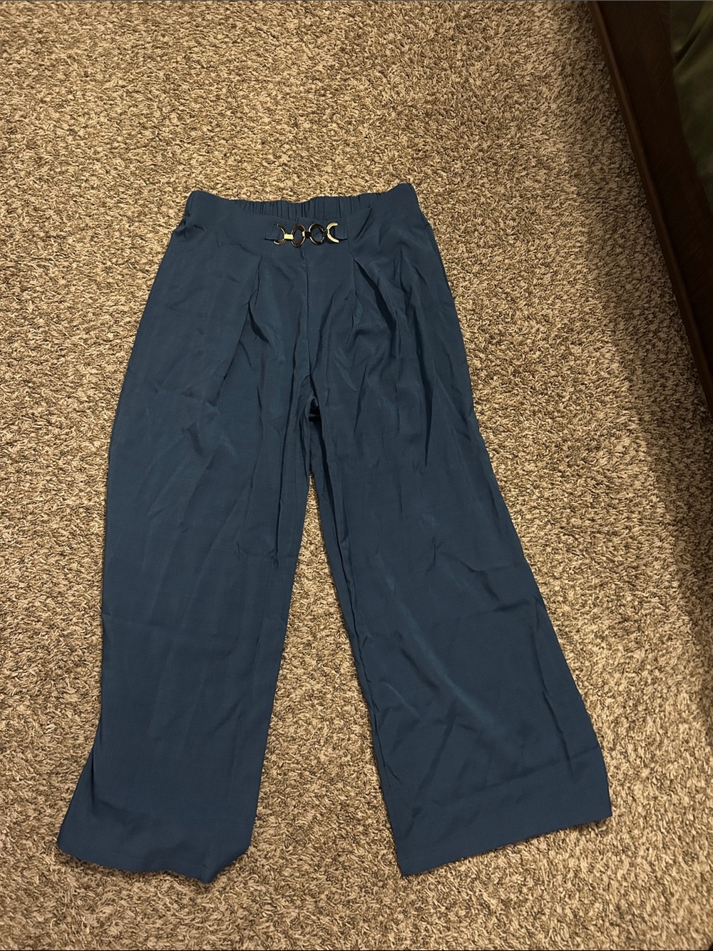 High-Rise Wide Leg Pants with Decorative Triple Buckle - Deep Blue